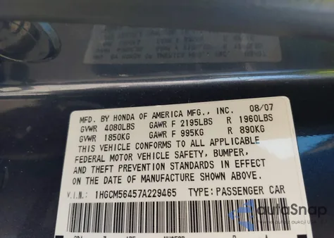 2007 Honda Accord 2.4 Lx z USA, uszkodzony, nr VIN 1HGCM56457A229465